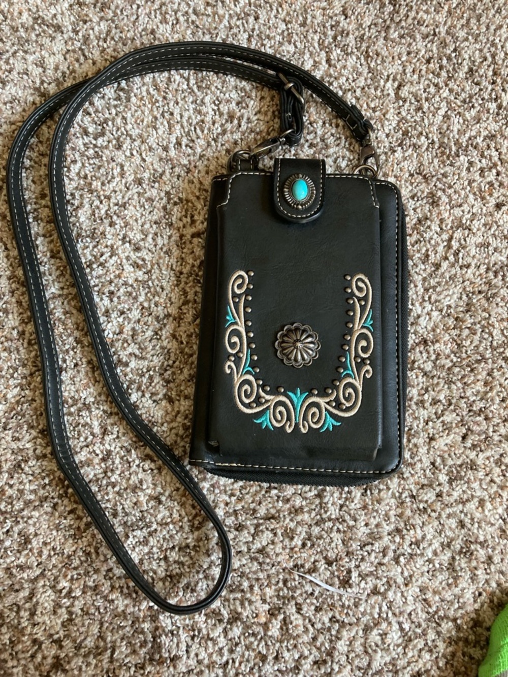 Women's Black Crossbody Phone Wallet with Turquoise Embroidery